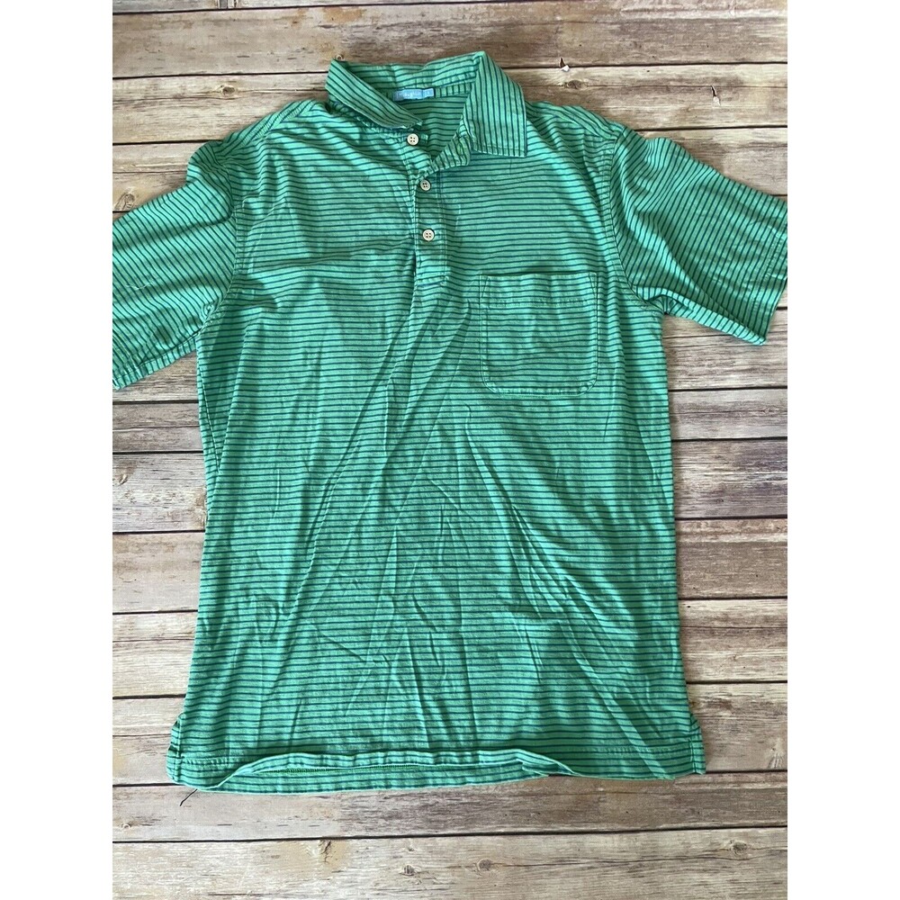 J McLaughlin Polo Shirt Mens Small Green Stripe Pocket Short Sleeve Pima Cotton